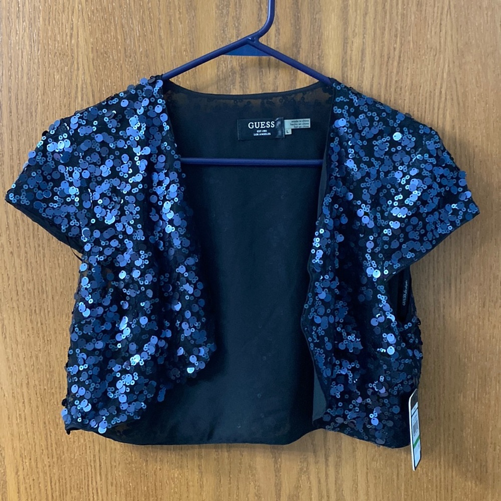 Guess Mel black and blue sequin crop top short sleeved overlay cardigan large